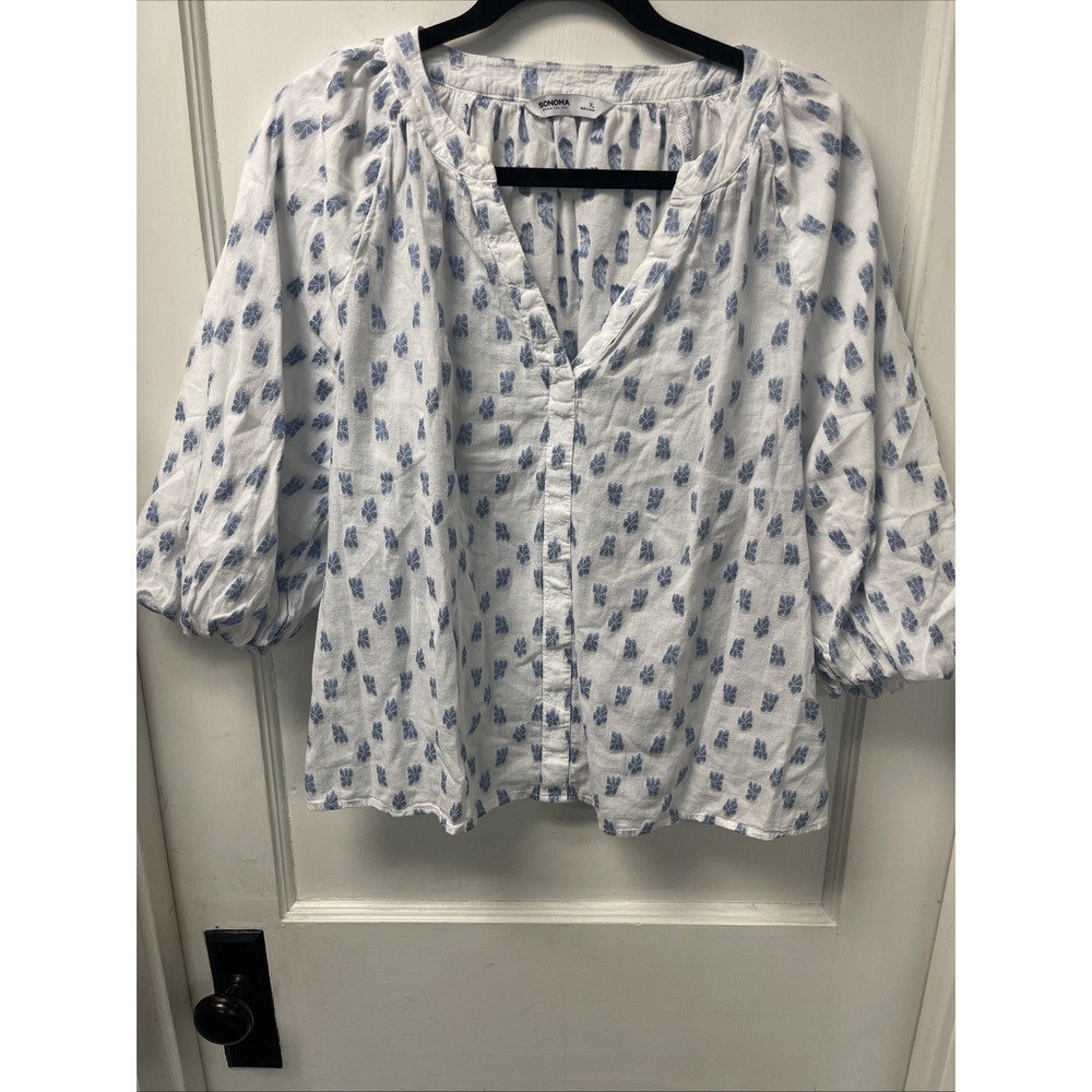 Sonoma Goods For Life Blouse Top Women's XL Blue Floral Rayon 3/4 Sleeve Peasant